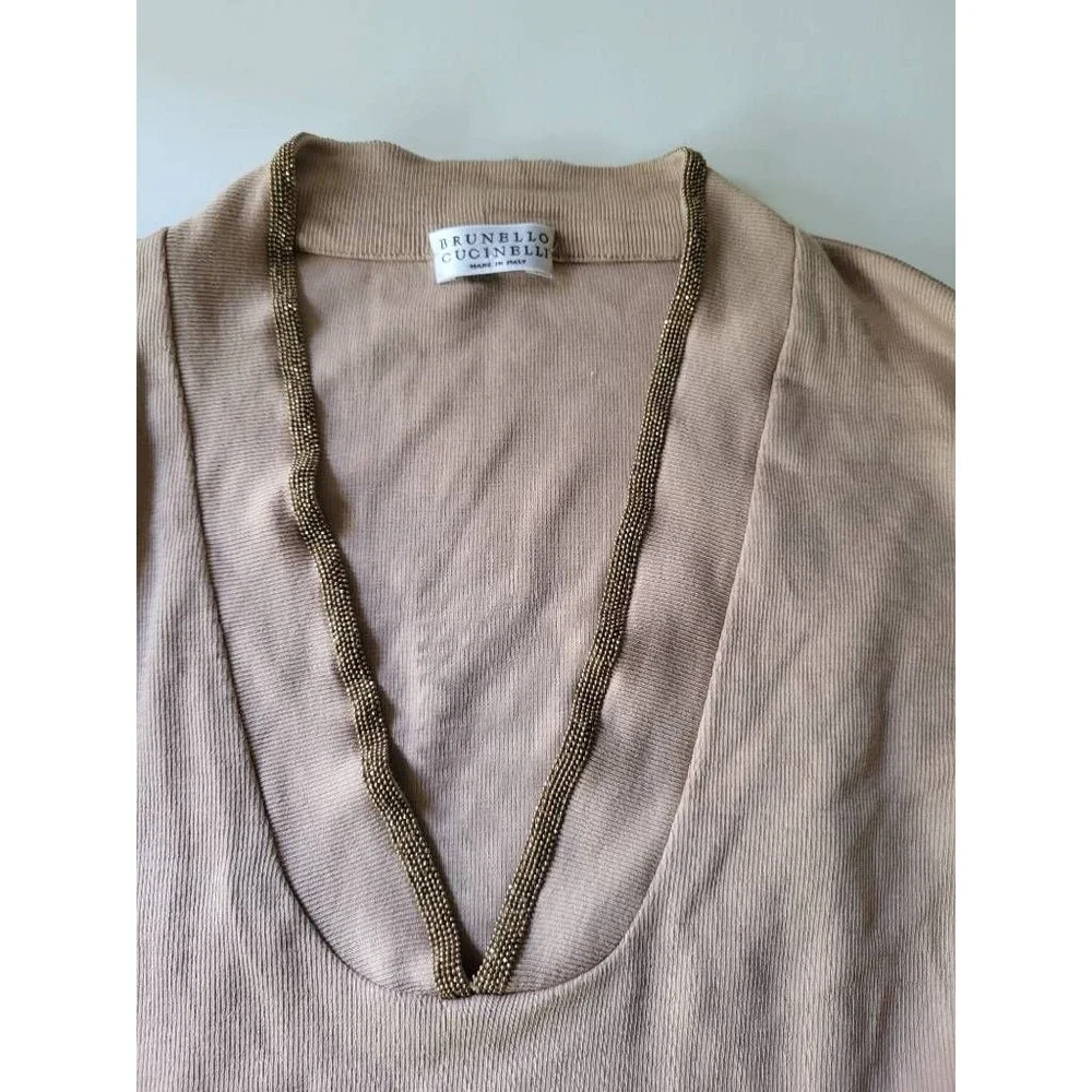 Brunello Cucinelli Womens Pullover Top Blush Long Sleeve Ribbed Embellis…